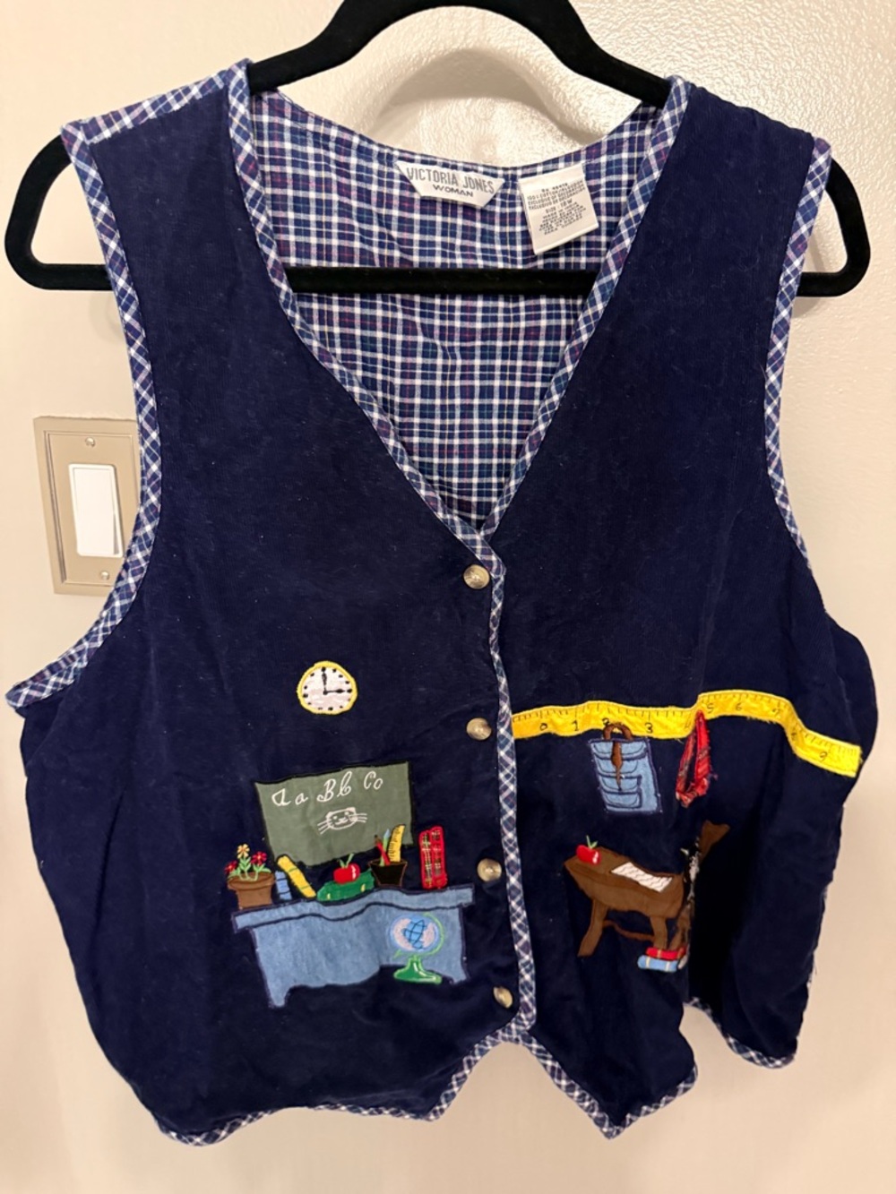 Victoria Jones Navy Corduroy School-Themed Vest with Embroidery - vintage